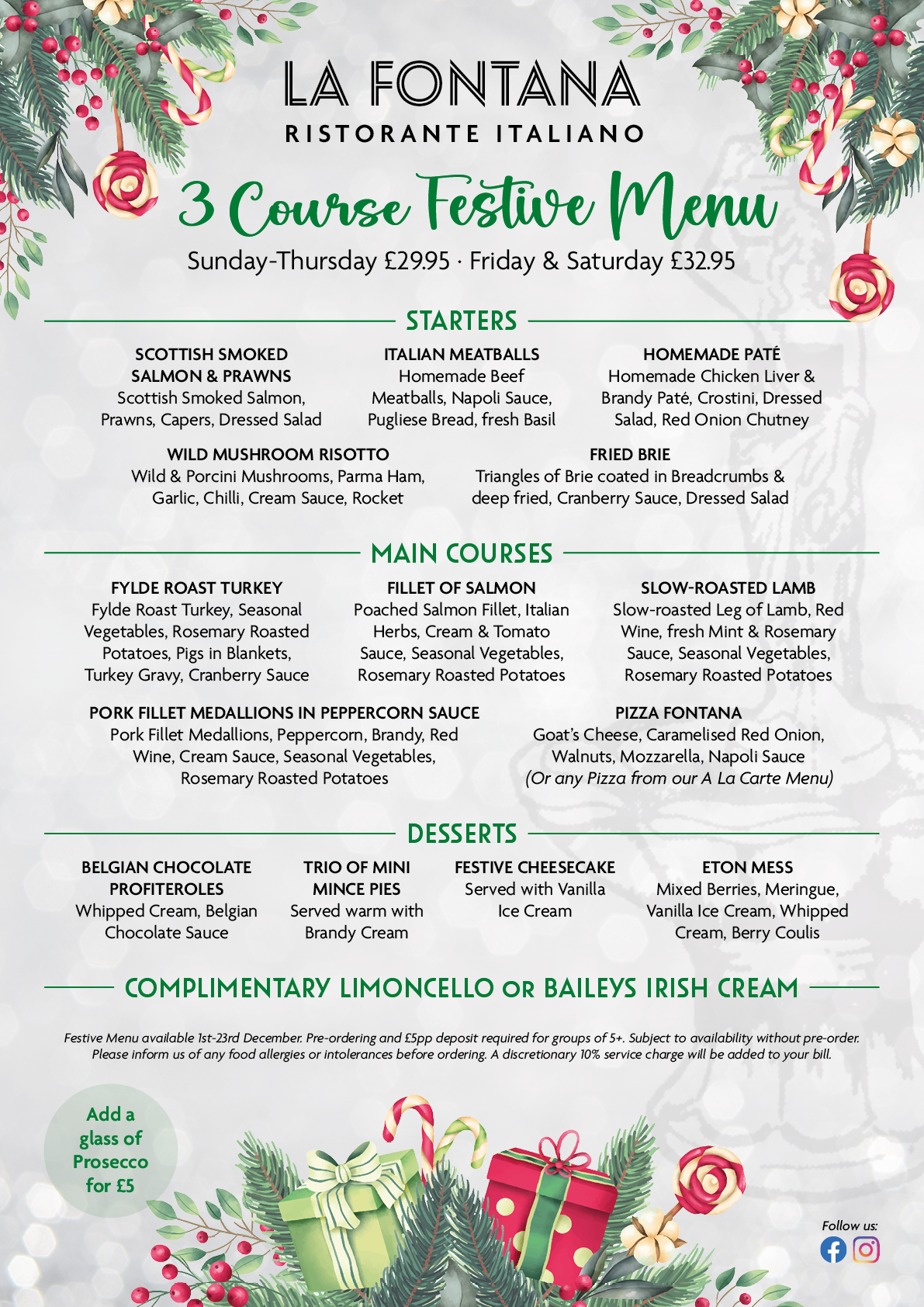 La Fontana 3 Course Christmas Menu 2025
