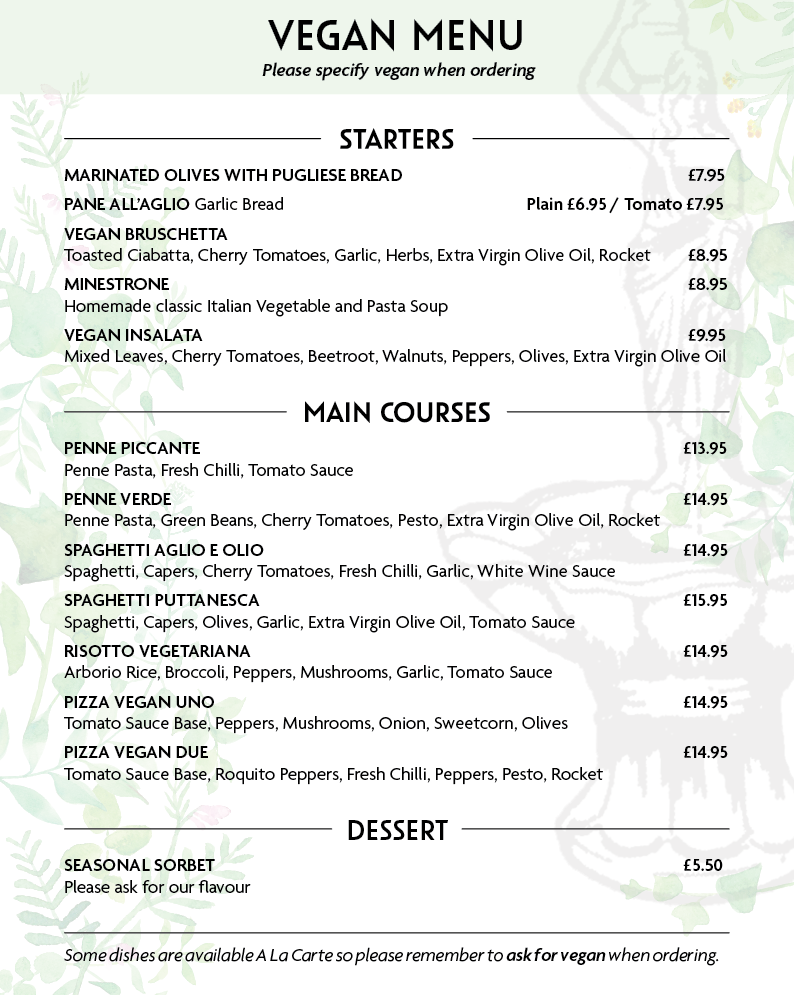 La Fontana Italian Restaurant, Blackpool Vegan Menu